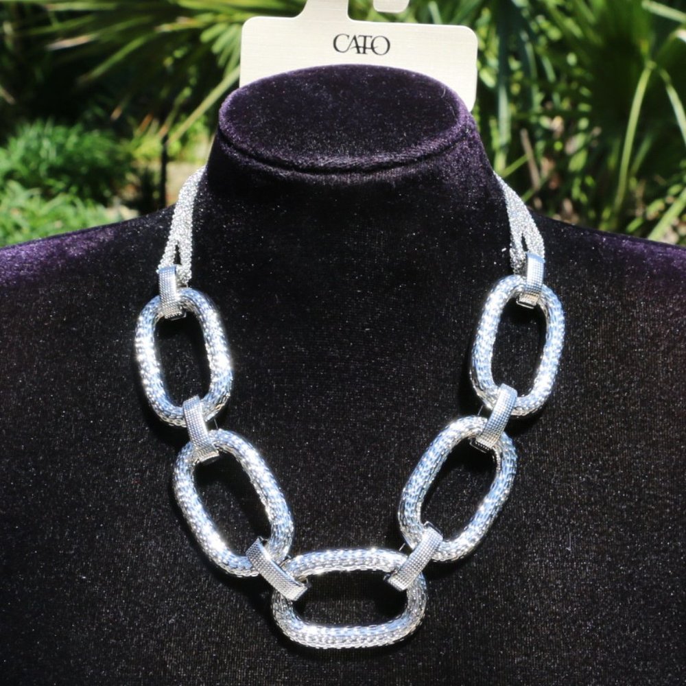 Boho Statement Necklace Large Link Silvertone NWT